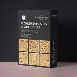 May include: A black rectangular box labeled 1LASERCUTFILES 10 CHILDREN PUZZLES LASER CUT FILES MEGA BUNDLE. The box displays six square panels featuring light brown wood-toned illustrations of animals, an alphabet, and various transportation icons.