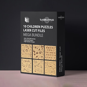 Pode incluir: Uma caixa preta com 10 arquivos de corte a laser de quebra-cabeças infantis. A caixa apresenta o texto "10 CHILDREN PUZZLES LASER CUT FILES MEGA BUNDLE". Os quebra-cabeças são exibidos e incluem vários designs e um quebra-cabeça do alfabeto.