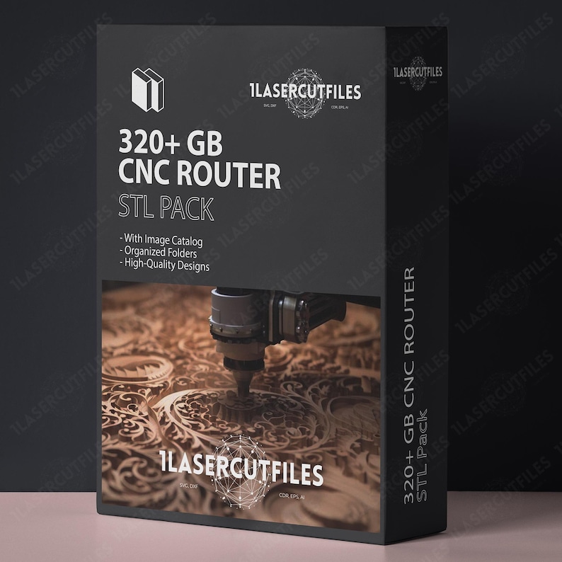 May include: A black rectangular box featuring the text 320+ GB CNC ROUTER STL PACK, 1LASERCUTFILES, and a graphic of a CNC router head carving an intricate wooden pattern. The box includes labels for image catalog, organized folders, and designs.