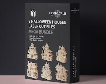 Laser cut 8 Halloween Houses candle holder decorations 3d puzzle SVG bundle glowforge DXF files Vector template file Dxf Eps Pdf Cdr cnc