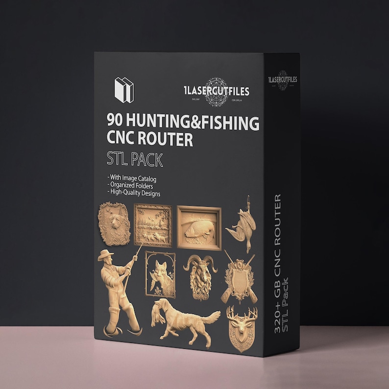 May include: A black rectangular box labeled 90 HUNTING&FISHING CNC ROUTER STL PACK. The front displays various light brown wood-carved relief designs including a fisherman, a dog, a deer head, and other wildlife scenes with text details.