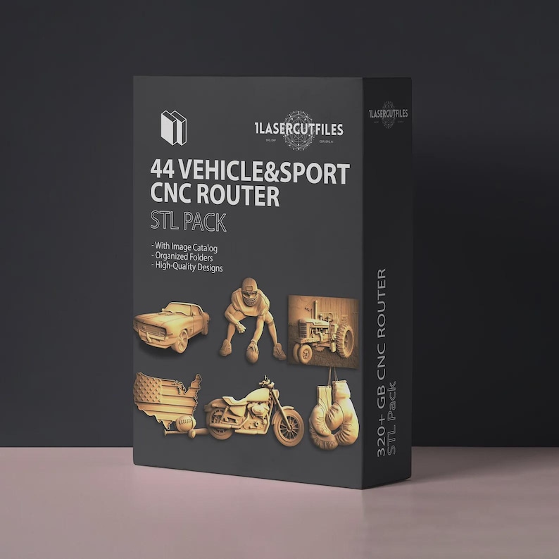May include: A black rectangular box labeled 44 VEHICLE&SPORT CNC ROUTER STL PACK. The box features images of a car, a football player, a tractor, a map of the USA, a motorcycle, and boxing gloves. Text includes With Image Catalog, Organized Folders.
