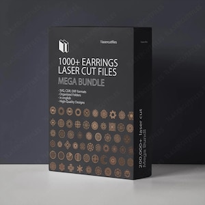 Könnte beinhalten: Eine schwarze rechteckige Box mit dem Text 1000+ EARRINGS LASER CUT FILES MEGA BUNDLE, SVG, CDR, DXF Formate, organisierte Ordner, in Englisch, hochwertige Designs und 200.000+ laser cut Mega Bundi mit verschiedenen kreisförmigen Mustern.