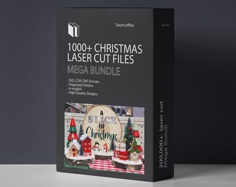 Könnte beinhalten: Eine schwarze Box mit dem Text "1000+ CHRISTMAS LASER CUT FILES MEGA BUNDLE". Die Box zeigt ein Foto von weihnachtlichen Laser-Cut-Designs, darunter Miniaturhäuser, Bäume und Schneemänner. Der Text "A Slice of Christmas" ist ebenfalls sichtbar.