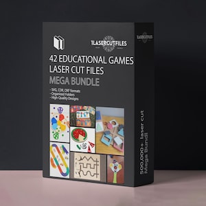 Könnte beinhalten: Eine schwarze Box mit einem weißen Etikett, auf dem "42 Lernspiele Laser Cut Files Mega Bundle" steht. Das Etikett enthält auch den Text "SVG, CDR, DXF Formate, Organisierte Ordner, Hochwertige Designs". Die Box zeigt eine Collage von Bildern verschiedener Laser-Cut-Spiele, darunter eine Wassermelone, ein Labyrinth und ein Clown.