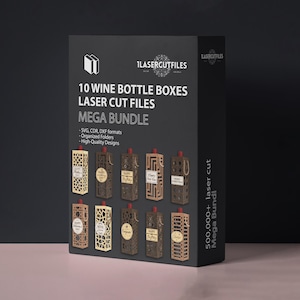 May include: A black box displays 10 laser-cut wine bottle boxes. The boxes are brown and beige with various designs and labels for occasions like Mother's Day and birthdays. Text on the box reads "10 Wine Bottle Boxes Laser Cut Files Mega Bundle."