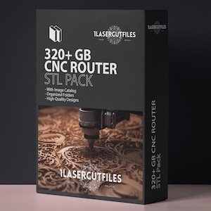 以下が含まれることがあります： 「320+ GB CNC ROUTER STL PACK」のテキストと「1LASERCUTFILES」のロゴが入った黒い箱。箱には「With Image Catalog, Organized Folders, High-Quality Designs」のテキストも含まれています。画像はCNCルーターの動作を示しています。