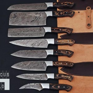 Custom Handmade Damascus Steel Chef Knives Kitchen Set With Leather Sheath Case, Best Gift For Her, Birthday Gift, Anniversary Gift, 8pc&#39;s