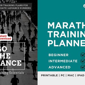 May include: A 63-page digital marathon training planner featuring a black and white photograph of runners on a road. The text includes 16 WEEK MARATHON TRAINING PLANS FOR BEGINNER | INTERMEDIATE | ADVANCE RUNNERS, GO THE DISTANCE, and MARATHON TRAINING PLANNER.