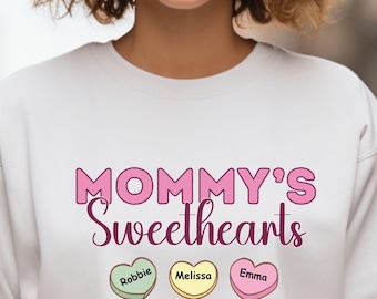 Mommy's Sweethearts Valentine's Day White Sweatshirt. Personalized from 2 to 8 Children or Dogs, Cats, Pets Names.