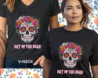 Day of the Dead Sugar Skull V-Neck and Crewneck T-Shirt, Floral Skull for All Souls Day