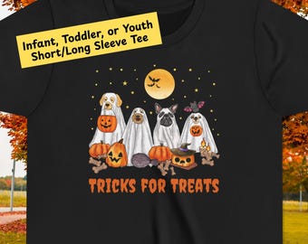 Kids Tricks for Treats T-Shirt Funny Halloween Dog Shirt for Infant Toddler or Youth Ghost Dogs long sleeve tee Trick or Treat top