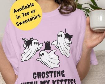 Ghosting with my Kitties Shirt, Funny Halloween Cat Sweatshirt, Cute Ghost Cats Crewneck T-shirt, Black Cat Lover Gift, Comfort Colors Tee
