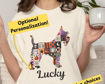 Schnauzer Patchwork T-Shirt Personalized Halloween Dog Tee Halloween Quilt Design Shirt Seasonal Dog Lover Gift 2