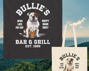 Dog theme everyday shopping or book bag English Bulldog Bar and Grill canvas Tote Bag pub logo theme