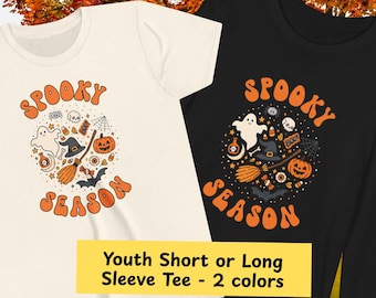 Kids Spooky Season T-shirt, Cute Halloween Fall Graphic T-shirt short or long sleeves, Youth Autumn Spooky Shirt, Ghost Pumpkin Witch Gift