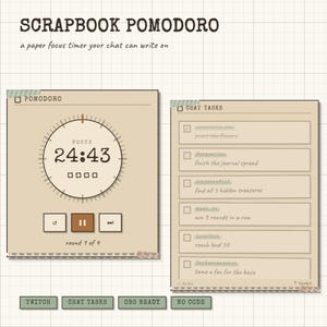 May include: A digital interface titled SCRAPBOOK POMODORO featuring a focus timer with the text 24:43 and a CHAT TASKS list. The design uses a beige colour palette with grid lines, displaying task items like press the flowers and reach level 50.