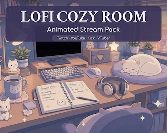 Pacote de Stream Animado Lofi para Ambiente Aconchegante | Pacote de Overlays Fofos em Lavanda para Twitch | Painéis de Alertas com Cenas de Gatos | OBS Streamlabs Kick VTuber