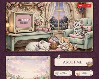 Animated Pastel Kitten Twitch Overlay Pack | Cute Cat Cottage Stream Package | OBS Twitch Panels Alerts Webcam Chat Frames Pink