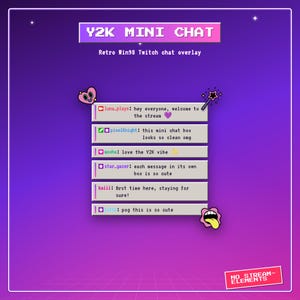 Puede incluir: Una superposición de chat Y2K Mini para Twitch con una estética retro de Windows 98. El diseño incluye un encabezado, una serie de cuadros de mensajes de chat individuales con nombres de usuario e iconos decorativos como un corazón.