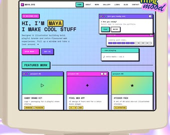Modelo de site com interface retrô | Portfólio ousado estilo anos 2000 + link na bio | 7 páginas em HTML e CSS | Editável sem código | Tema web criativo e responsivo