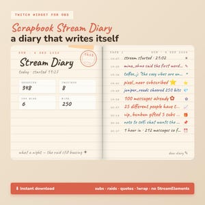 Stream Diary Twitch Widget for OBS | Scrapbook Journal That Writes Itself Live | Subs, Raids, Quotes + End-of-Stream Summary Page