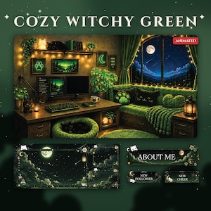 May include: A digital stream overlay set featuring a cozy witchy green theme with dark forest tones, moonlit window views, cat-themed decor, glowing neon signs, and matching interface panels labeled About Me, New Follower, and New Cheer.