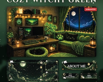 Pacote de Overlay Animado e Aconchegante para Twitch com Tema de Bruxa Verde | Pacote Cottagecore Gato Lua Stream | Painéis OBS Twitch Alertas Molduras de Chat para Webcam VTuber