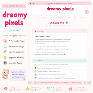 May include: A website template in pink and white, with the words "dreamy pixels" in a playful font. The design includes sections for "About Me," "Journal," and "Library," a cute cat illustration, and the phrase "soft & lovely." The template is for blogs and portfolios.