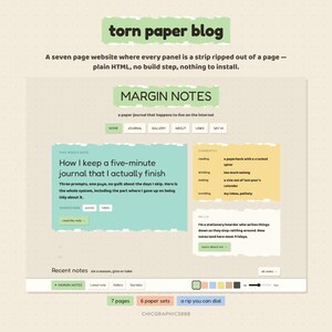 Può includere: Un'interfaccia di sito web intitolata torn paper blog e MARGIN NOTES con un layout di sette pagine con bordi di carta strappati. Il design utilizza uno sfondo beige chiaro con pannelli verdi, gialli e bianchi contenenti testo e pulsanti.