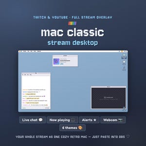 May include: A digital stream overlay for Twitch and YouTube featuring a retro computer desktop interface. The layout includes windows for live chat, a music player, and a webcam feed, all styled with pixelated text and classic operating system icons.