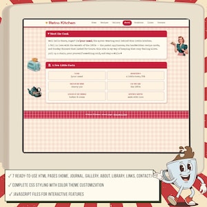 May include: A retro-themed website design, "Retro Kitchen," displayed on a vintage-style computer screen. The site features a red and white checkered pattern, with sections for recipes, a gallery, and contact information. The design includes a cartoon coffee cup.