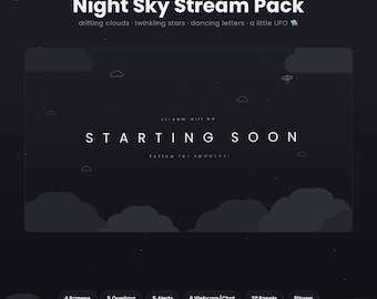 Night Sky Stream Pack | Animated Twitch Overlay | Starting Soon BRB Offline Thank You Screens | Alerts Panels Webcam | Clouds Stars UFO