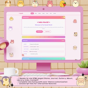 May include: A pink computer monitor displaying a website with a "Hello World!!" greeting. The screen shows a kawaii-themed design with various animated characters. The image includes a coffee cup, a lamp, and text that reads "7 Ready-to-use HTML pages".