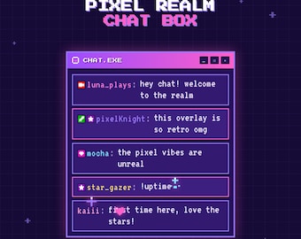 Sobreposição de caixa de bate-papo Pixel Realm para Twitch | Widget de bate-papo retrô animado em pixel art (sem StreamElements) | Fonte para navegador OBS | Sobreposição de transmissão Neon Arcade