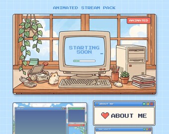 Animated Y2K Computer Twitch Overlay Pack | Retro 2000s PC Stream Package | Cute Hamster OBS Panels Alerts Stinger Webcam Chat