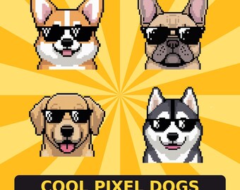 Conjunto de 4 avatares animados de cachorros PNGTuber em pixel art | Corgi, Bulldog Francês, Golden husky | Streamer Veadotube OBS Twitch | Óculos de sol estilosos em 8 bits