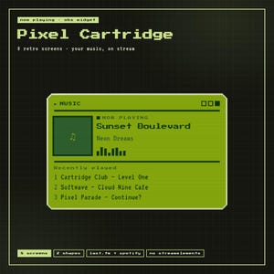 May include: A digital interface graphic titled Pixel Cartridge featuring a retro green and black color scheme. The display shows a music player with the track Sunset Boulevard by Neon Dreams, a list of recently played songs, and technical labels.