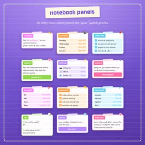 Pode incluir: Um conjunto de 12 painéis digitais de bloco de notas para um perfil Twitch, com um fundo roxo de linhas horizontais. Cada painel inclui um cabeçalho, texto e pequenos ícones como lápis, percevejos e estrelas em um layout de grade.