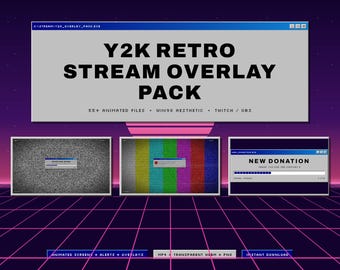 Y2K Twitch Overlay Paket Retro 90er Jahre Computer Stream Bündel Animierte Bildschirme Warnungen