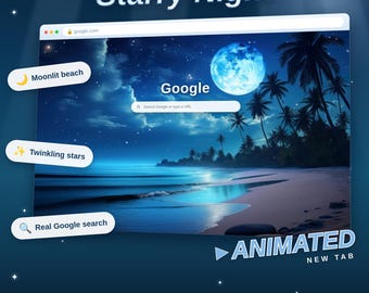 Nova aba animada com praia à noite estrelada | Papel de parede em vídeo ao vivo do oceano iluminado pela lua | Tema para navegador Chrome | Página inicial do Google com estética de céu noturno calmo