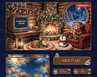 Animated Cozy Winter Twitch Overlay Pack | Bear Reindeer Penguin Cabin Stream Package | OBS Twitch Panels Alerts Webcam Chat Frames