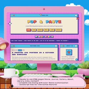 May include: A pink computer monitor displaying a retro-style website titled POP & PASTE with navigation buttons, a featured post about printing 200 posters, and an about section. Below the screen, a text box lists 7 HTML pages and CSS files.