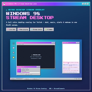 Windows 98 Desktop Overlay für Twitch | Retro Y2K OBS Layout | Live Chat + Now Playing + Benachrichtigungen + Webcam Rahmen | Keine Bot