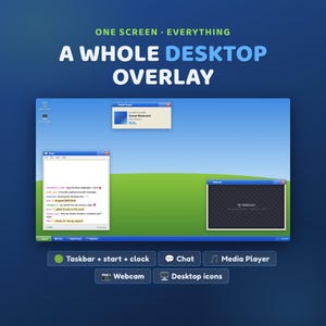 Puede incluir: Una superposición de escritorio digital con un fondo de pantalla clásico de cielo azul y colina verde. La interfaz incluye una barra de tareas con botón de inicio, una ventana de chat con texto, un reproductor multimedia y una ventana de webcam.