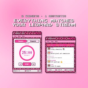 Widgets de transmisión con diseño de leopardo rosa / Temporizador Pomodoro + Lista de tareas (Superposición para Twitch) Sin StreamElements (Descarga digital)