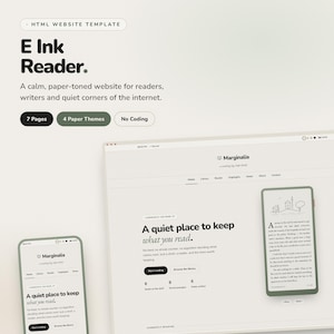 Könnte beinhalten: Eine HTML-Website-Vorlage mit dem Titel E Ink Reader in papierfarbenem Design. Das Layout zeigt eine Desktop- und eine Mobilansicht, die beide die Marginalia-Oberfläche mit dem Text A quiet place to keep what you read darstellen.
