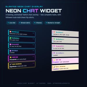 Lutande neonchattwidget för Twitch | Animerad streamöverlagring | Cyberpunk + Y2K-teman | StreamElements och OBS | Livechatt + aviseringar