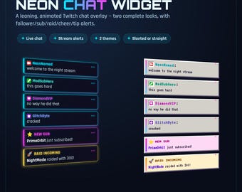 Widget de chat neon inclinado para Twitch | Sobreposição de transmissão animada | Temas Cyberpunk + Y2K | StreamElements e OBS | Chat ao vivo + alertas