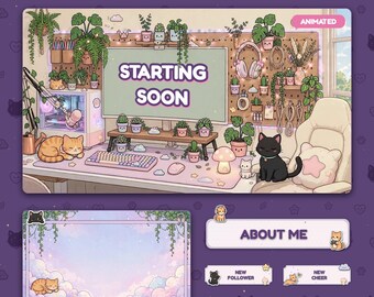 Animated Pastel Twitch Overlay Pack | Kawaii Cat Plant Gamer Room Stream Package | Black Cat OBS Panels Alerts Webcam Chat Emotes